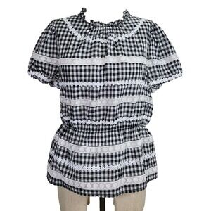 J. Crew Top M Black White Gingham‎ Lace Trim Puff Sleeve Peplum Pullover blouse